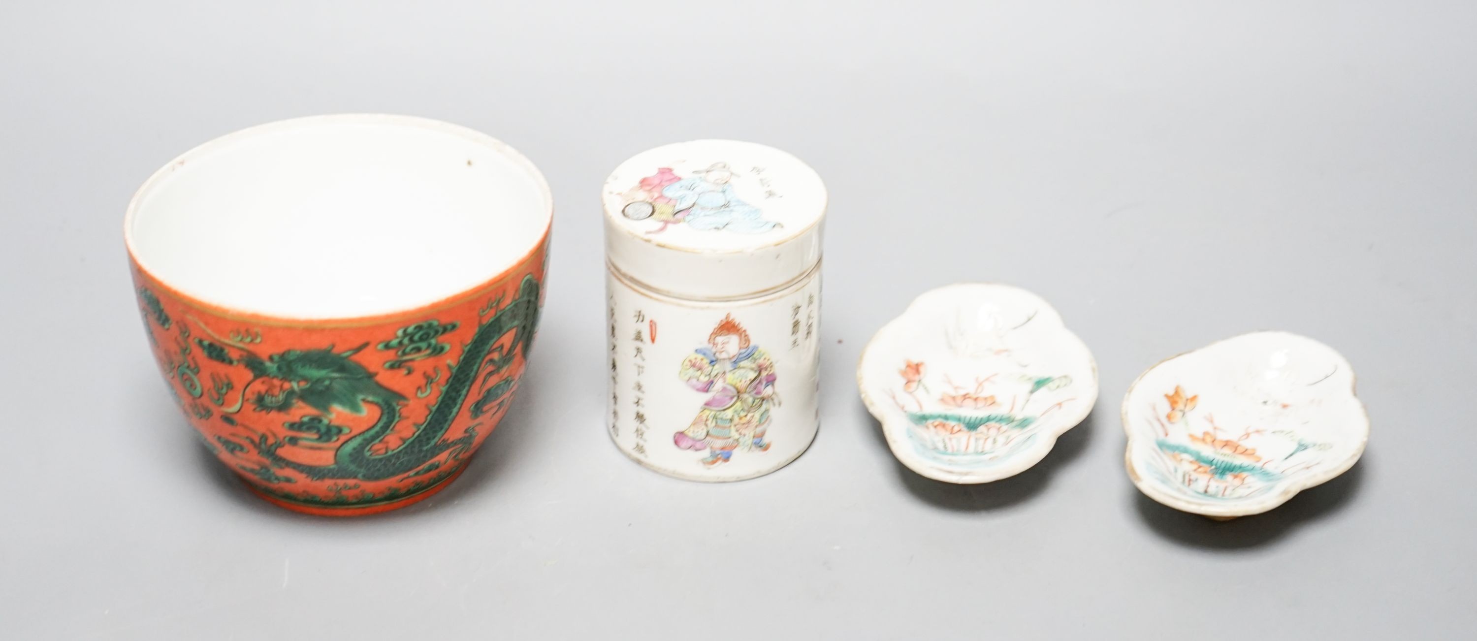 A Chinese orange ground dragon bowl, 11cm a famille rose box and cover and a similar pair of dishes, 19th century and later